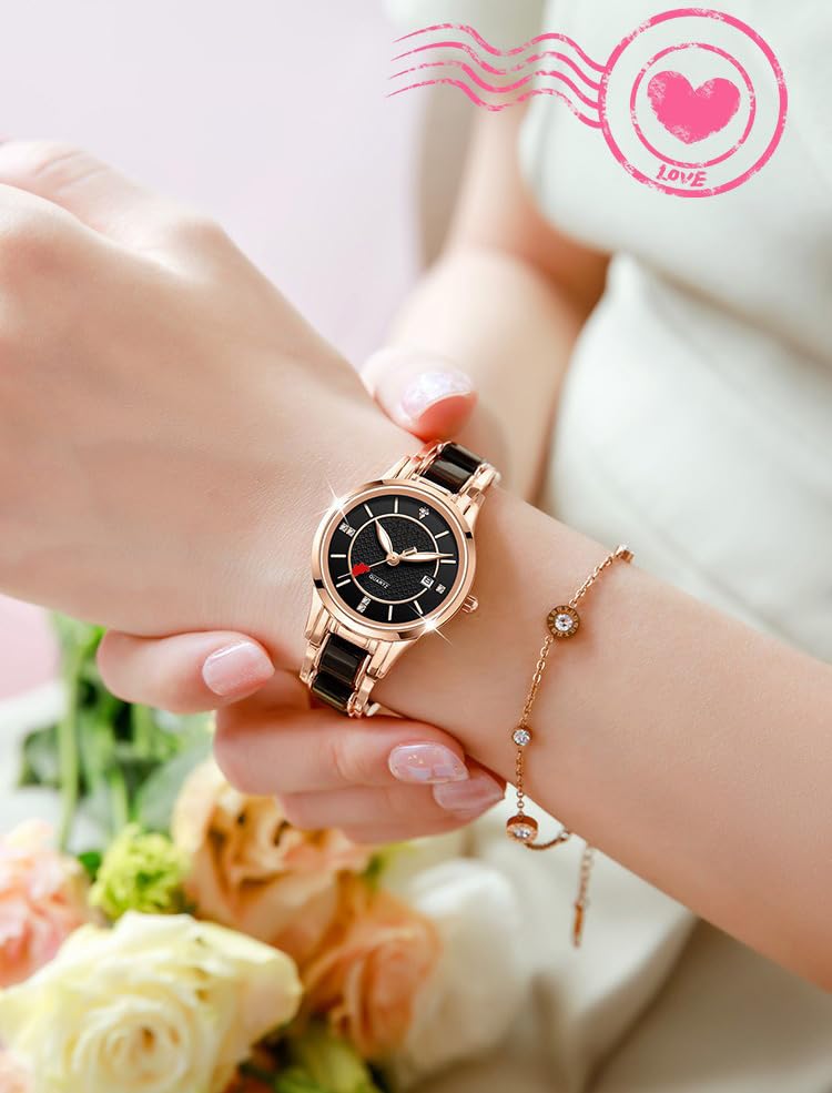 Reginald Women's Watch Exquisite Simple Retro Ceramic Steel Strap Quartz Watch Waterproof Watch (Black1)