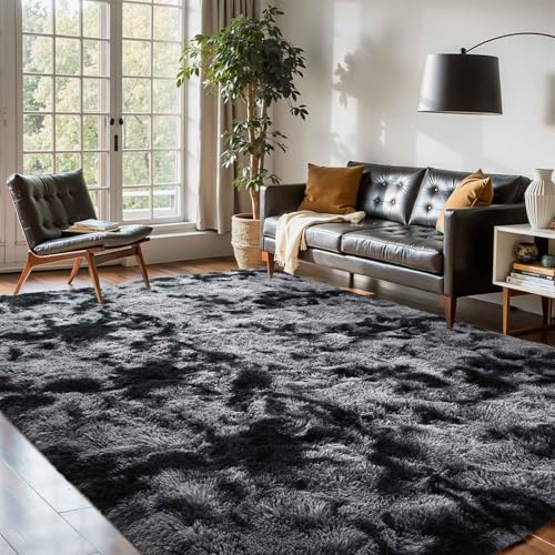 6x9 Black Grey Rugs for Living Room Fluffy Area Rug,Super Fuzzy Fur Bedroom Carpet for Boys Dorm Office Nursery Modern Home Decor