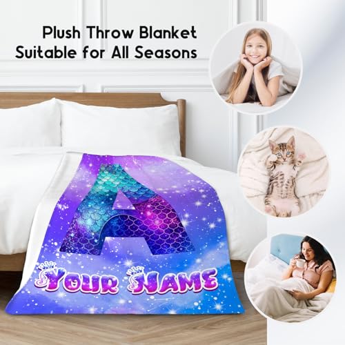 Mermaid Blanket for Girls - Personalized Mermaid Gifts for Kids - Custom Flannel Soft Cozy Blankets with Name - Fuzzy Initial Throw for Sofa, Living Room
