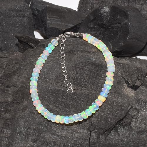 4MM AAA Natural Opal Bracelet - Faceted Fire Opal Beaded Bracelet, October Birthstone Jewelry, 925 Sterling Silver Clasp & 5CM Chain, 22CM3