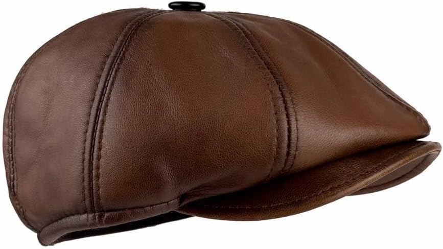 Vintage Sheepskin Leather Flat Cap, Classic Cabbie Driver Ascot Hat - Real Leather Newsboy Cap