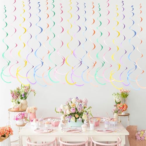 Image of 36 Pcs Pastel Hanging Swirl Decorations Pastel Color Felt Swirl Streamer Spiral Ceiling Decorations Garland for Macaron Colorful Birthday Wedding Shower Easter Party Supplies