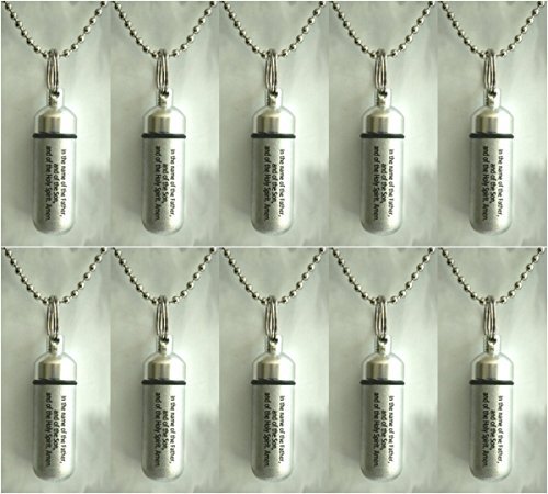 Set of TEN Classic Brushed Silver ANOINTING OIL HOLDER/Vial Necklaces with ENGRAVED BLESSING - Includes Velvet Pouches, Ball-Chains & Funnel