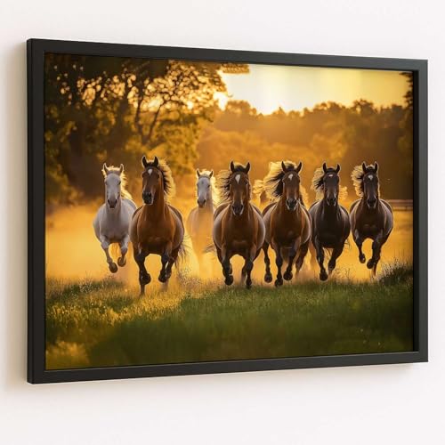 Image of HOTHOUSE Seven Running Vastu Lucky Horse | 7 Horses Vastu Frame Wall Art Painting for Living Room Bedroom Office Home Decor Rising Sun Painting Wall Decor Size (13X17 inch)