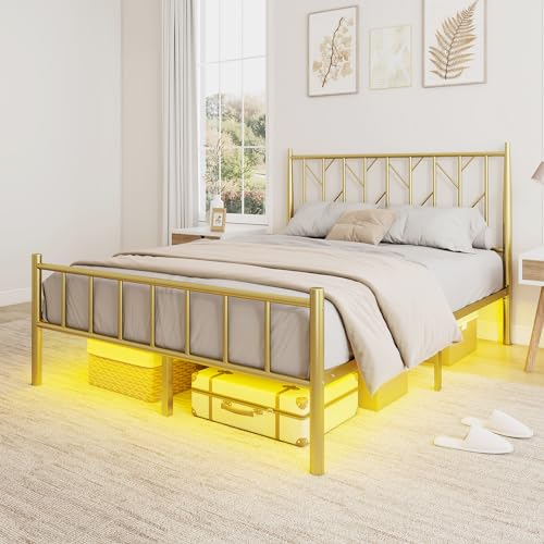 Luxoak BMB016 Queen Size Metal Bed Frame With Adjustable Headboard, Led Lights Bed Frame With Vintage Footboard, Heavy Duty Slats, No Box Spring Needed, Gold thumb #5