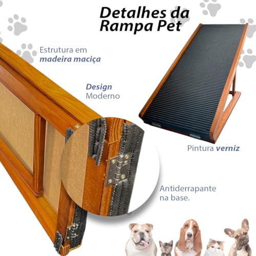Rampa Pet Antiderrapante Média Ajustável Regulável Madeira Gato e Cachorro