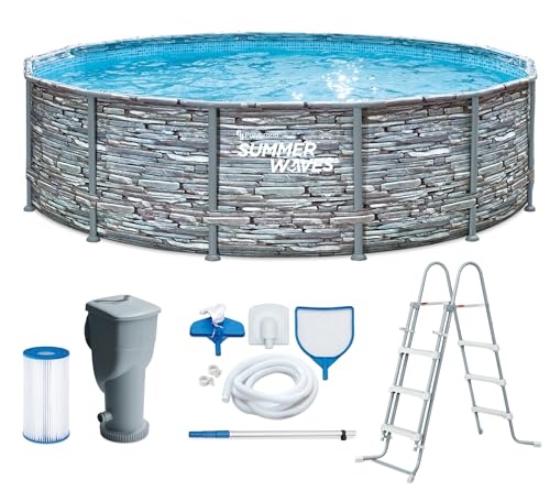 Summer Waves Frame Pool Komplettset | Rund 427x107 cm Steinoptik Grau | Aufstellpool Set | Gartenpool & Schwimmbecken inkl. Filterpumpe