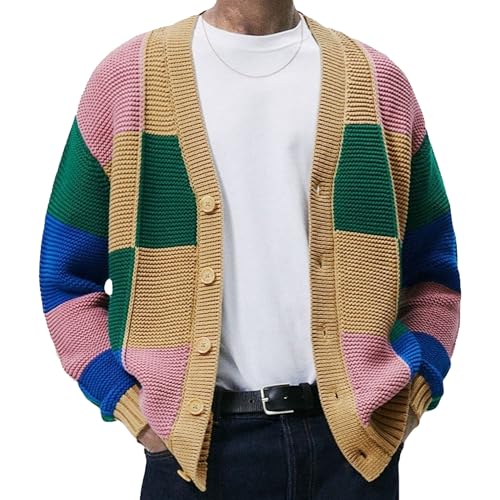 Mens Shawl Collar Color Block Sweater V Neck Button Up Knit Cardigan Vintage Knitt Patchwork Cardigans - Main Image