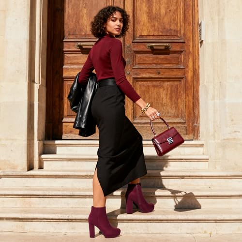 DREAM PAIRS DREAM PAIRS Women's High Heel Ankle Boots Chunky Platform Booties,Size 8,Burgundy,STOMP