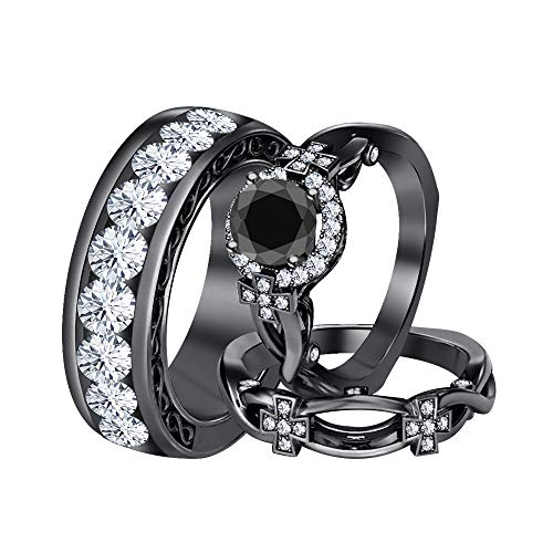 dazzlingjewelrycollection Round Black CZ Diamond & White Diamond 14K Black Gold Plated Cross Engagement Wedding Band Bridal Trio Ring Set for Men's & Women's