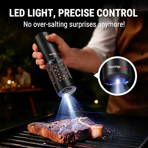 Image of TempPro Electric Salt and Pepper Grinder Set Rechargeable, 110ml Automatic Pepper Grinder Shakers with External Adjustment, Refillable Pepper Mill Set for House Warming Gifts(Previously ThermoPro)