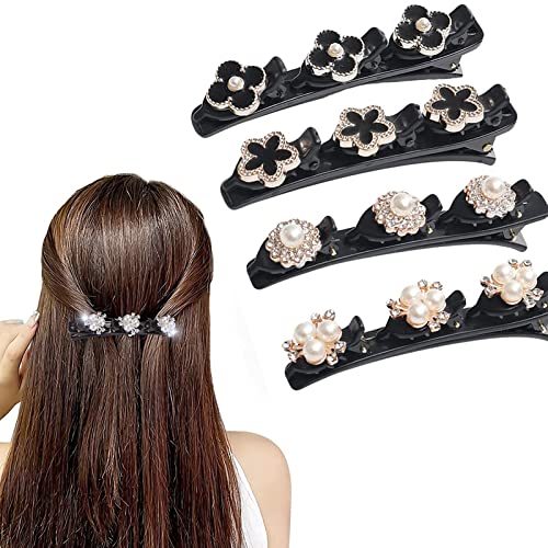 4PCS Braided Hair Clips for Women, Sparkling Crystal Stone Braided Hair Clips, Rhinestone Hair Clips for Thick Hair, Flower Hair Clip with 3 Small Clips, Hair Barrettes for Women Girls Styling