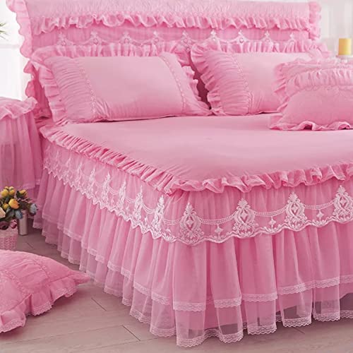 Falda de cama de encaje plisada para ocultar el somier con estilo rosa king 5