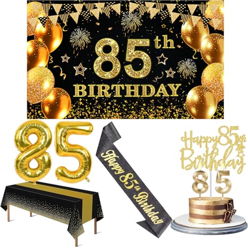 Décorations 85e anniversaire : kit nappe noire dorée et ballons chiffres