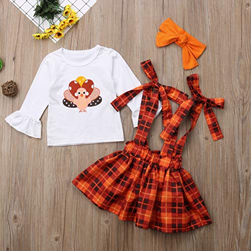 Toddler Kids Girl Thanksgiving Outfits T-Shirt Tops+Plaid Suspender Skirt+Headband Set (2-3T, White, Orange)