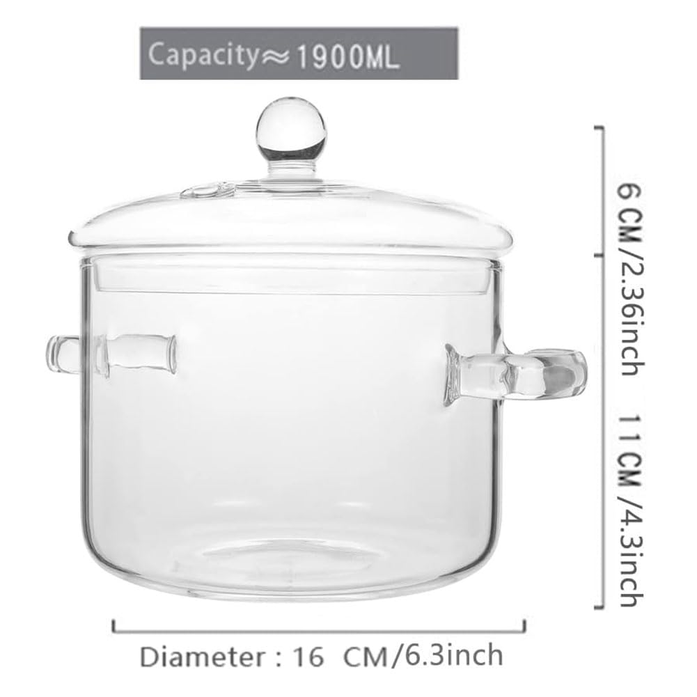 Cacerola de Vidrio con Tapa, Olla para Cocinar con Tapa y Asa, Olla para Cocinar una Fuego Lento, Olla para Sopa Transparente, Alto Borosilicato 1400ML
