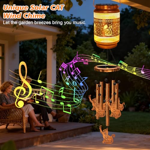 Image of 2 Pack Cat Solar Wind Chimes for Outside, Gifts for Mom Women Grandma Birthday Memorial Teacher, 32 inch Windchimes Outdoor Decor Hanging Solar Lantern for Garden Porch Patio Backyard