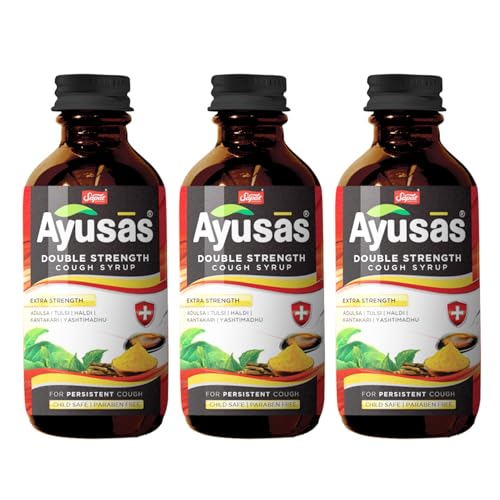 Sapat Ayusas Double Strength Natural Cough Syrup for Sore Throat, Asthmatic, Bronchitis, Chest congestion and smoker’s cough, Paraben-free and effective relief | 100 ml| Pack of 3