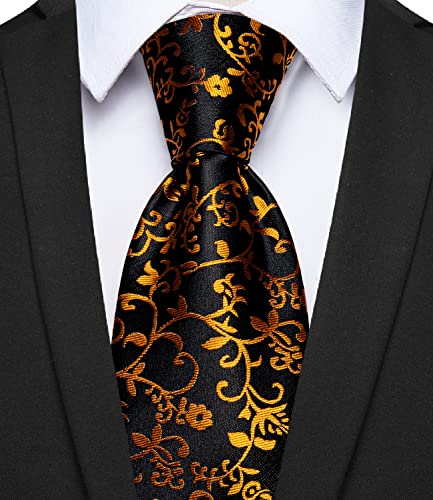 Image of YourTies Black Gold Ties for Men Silk Floral Men's Necktie Woven Jacquard Formal Business Party Wedding Designer