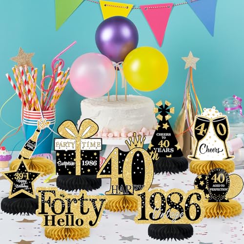 Image of 9 Pcs 40th Birthday Decorations Honeycomb Centerpieces for Women Men, Black Gold 1986 Aged to Perfection Vintage Centerpieces for Tables Toppers,Forty Years Party Decorations Supplies