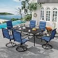 MELLCOM 7 Pieces Outdoor Dining Set, 6 Swivel Rocker Chairs with High Back Textilene & 67''x38'' Rectangular Metal Dining Table with Umbrella Hole, Patio Furniture Set for Porch, Blue