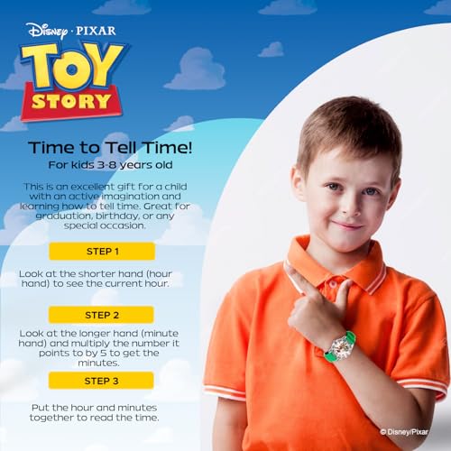 Disney Pixar Toy Story Watch for Boys Ages 3–7 – Featuring Woody and Friends Dial – Great Gift for Kids Who Love Toy Story Toys – Silver Case, Clear Bezel, and Green Fabric Strap with Velcro 5