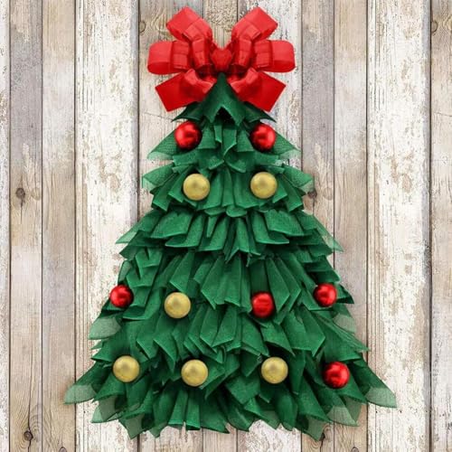 Corona triangular de árbol de Navidad de 24 pulgadas, hecha a mano, corona grande de adorno de casa de campo, corona de puerta de Navidad con lazo rojo y bolas para decoración de pared de puerta