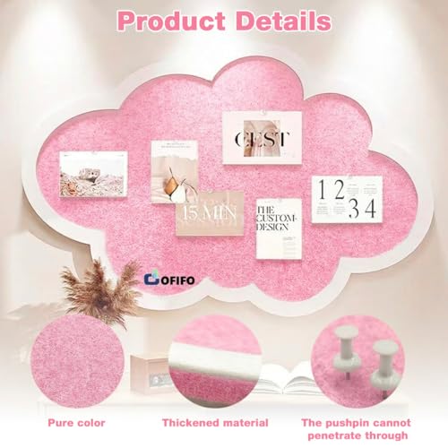 Image of Cute Cloud Felt Bulletin Board for Wall, Self-Adhesive Pin Board with 30 Pushpins, Message Display Board for Notes Photos Office Home Decor (Pink)