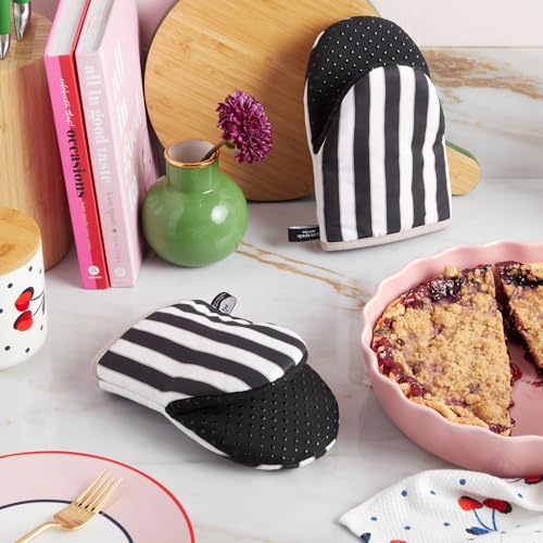Image of kate spade new york Botanical Stripe Mini Oven Mitt 2-Pack Set, 5.5 inch x 8 inch, Black /Beige