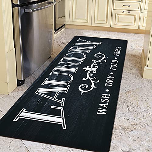 20x48 Black Wood Laundry Room Rug Anti-Fatigue Laundry Room Runner Durable Nonskid Runners for Wash House Mudroom Bathroom Soft