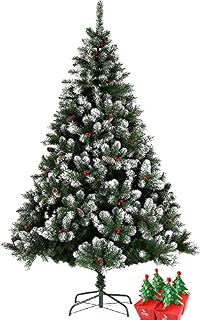 BPIL 6ft Evergreen Christmas Tree With Pine Needles Red Berries 780 Tips Snow Flocked Artificial Xmas Tree With Metal Stand For Celebration Seasonal Decoration Environment Family Gatherings