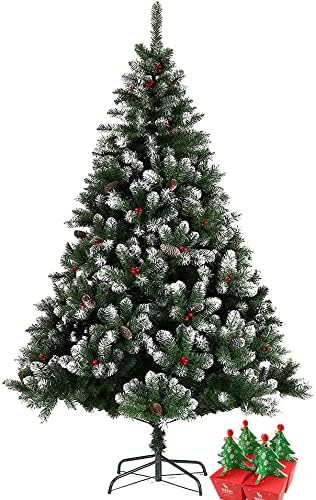 BPIL 6ft Evergreen Christmas Tree With Pine Needles Red Berries 780 Tips Snow Flocked Artificial Xmas Tree With Metal Stand For Celebration Seasonal Decoration Environment Family Gatherings