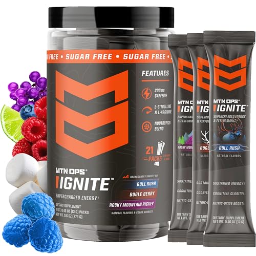MTN OPS Ignite Variety Pack Energy Drink Powder with 200mg Caffeine, Travel Pre Workout Packets for...
