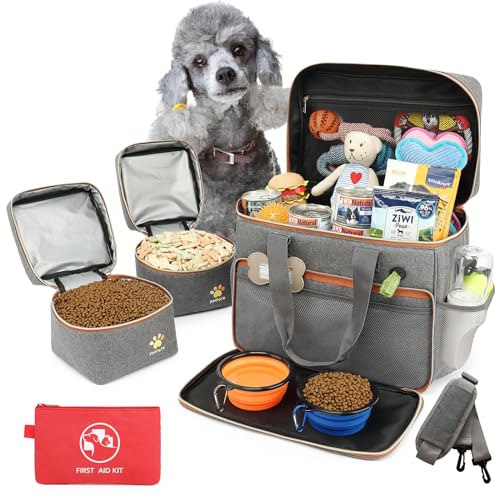 Dog Travel Bag for Traveling| Week Away/Overnight Dog Travel Accessories with Multi-Function Pockets|Pet Travel Set for Dog and Cat|Ideal Dog Diaper Bag and Dog Travel Kit(Grey)