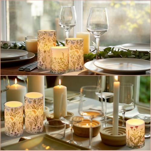 Image of Baquler Wildflowers Floral Glass Flameless Candles with Remote Timer Battery Operated LED Flickering Pillar Spring Summer Butterfly Dinner Holiday Decor