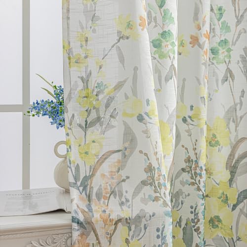 Image of SUOUO Gray Yellow Wildflower Floral Semi Sheer Curtains 96 inches 2 Panels | Linen Textured,Light Filtering,Farmhouse Cottage Decor,Rod Pocket,Window Drapes for Living Room Bedroom Dining Room