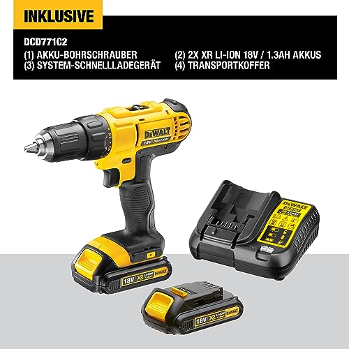 DeWalt XR Akku-Bohrschrauber DCD771C2 – Akkubohrer mit 2-Gang-Vollmetallgetriebe & LED-Arbeitslicht – Robust und universell einsetzbar – 1 x Akkuschrauber Li-Ion 18 V + 2 Akkus - 3