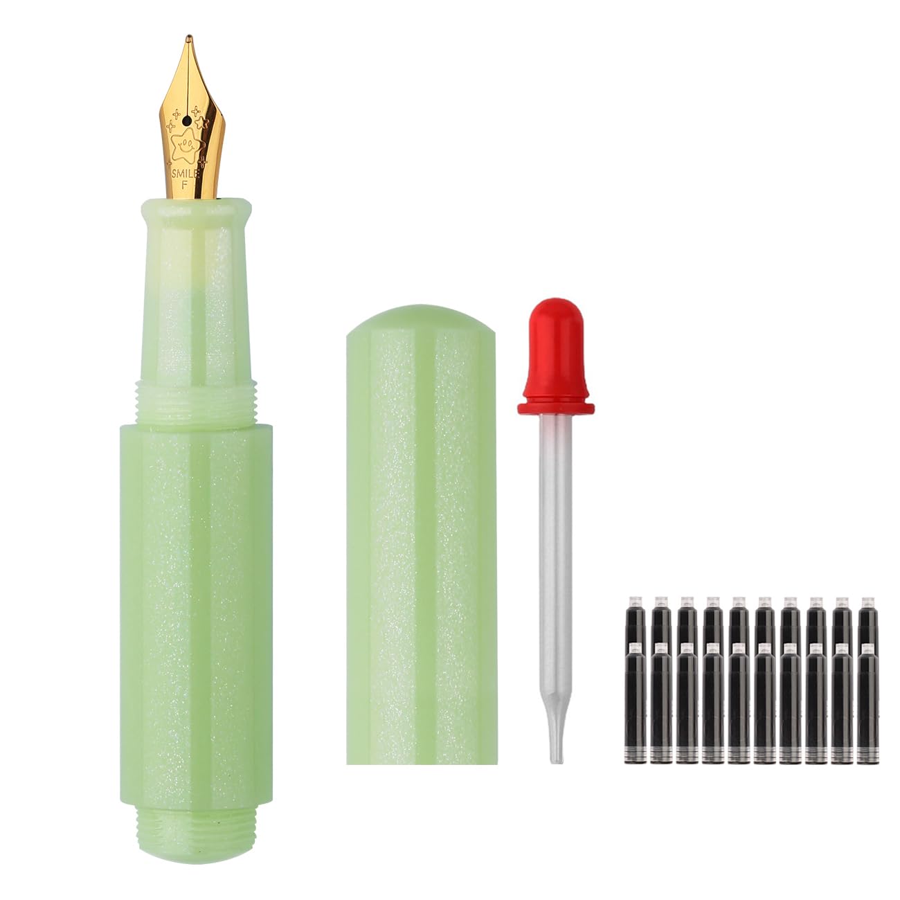 SIPLIV Wancai Mini Candy-colored Fountain Pen Pocket-Size Travel Pen with Short Size Eyedropper and 20 Black Ink Cartridges - Iridium Fine Nib, Green