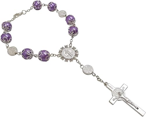 Vista 4 de Pulsera católica con cuentas de rosario automático de una década de San Benito Crucifijo Divina Misericordia Regalo