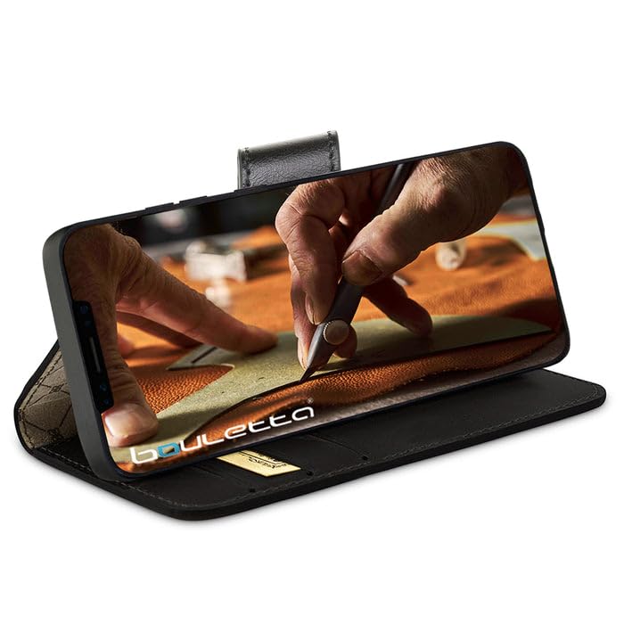 Custodia per iPhone 12 Pro Max (6,7 pollici) – Custodia in pelle Premium con funzione stand, custodia removibile, chiusura magnetica e tasca per carte – Bouletta Rustic Black