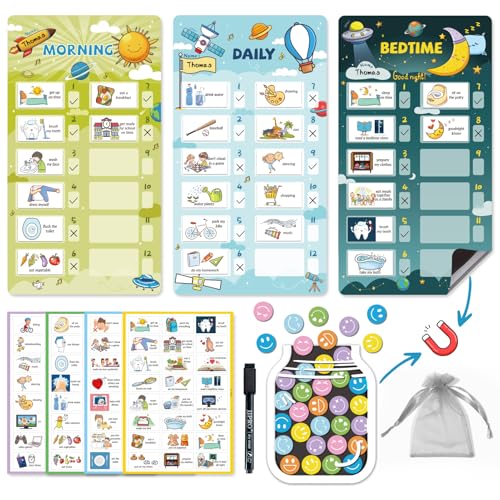 Image of JJPRO Magnetic Bedtime /Morning /Daily Routine Chart for Kids with Reward Jar-Bedtime Checklist Toddler Reward Jar,Magnetic Chore Chart for Kids,Daily Routine Reward Chart -Outer Space