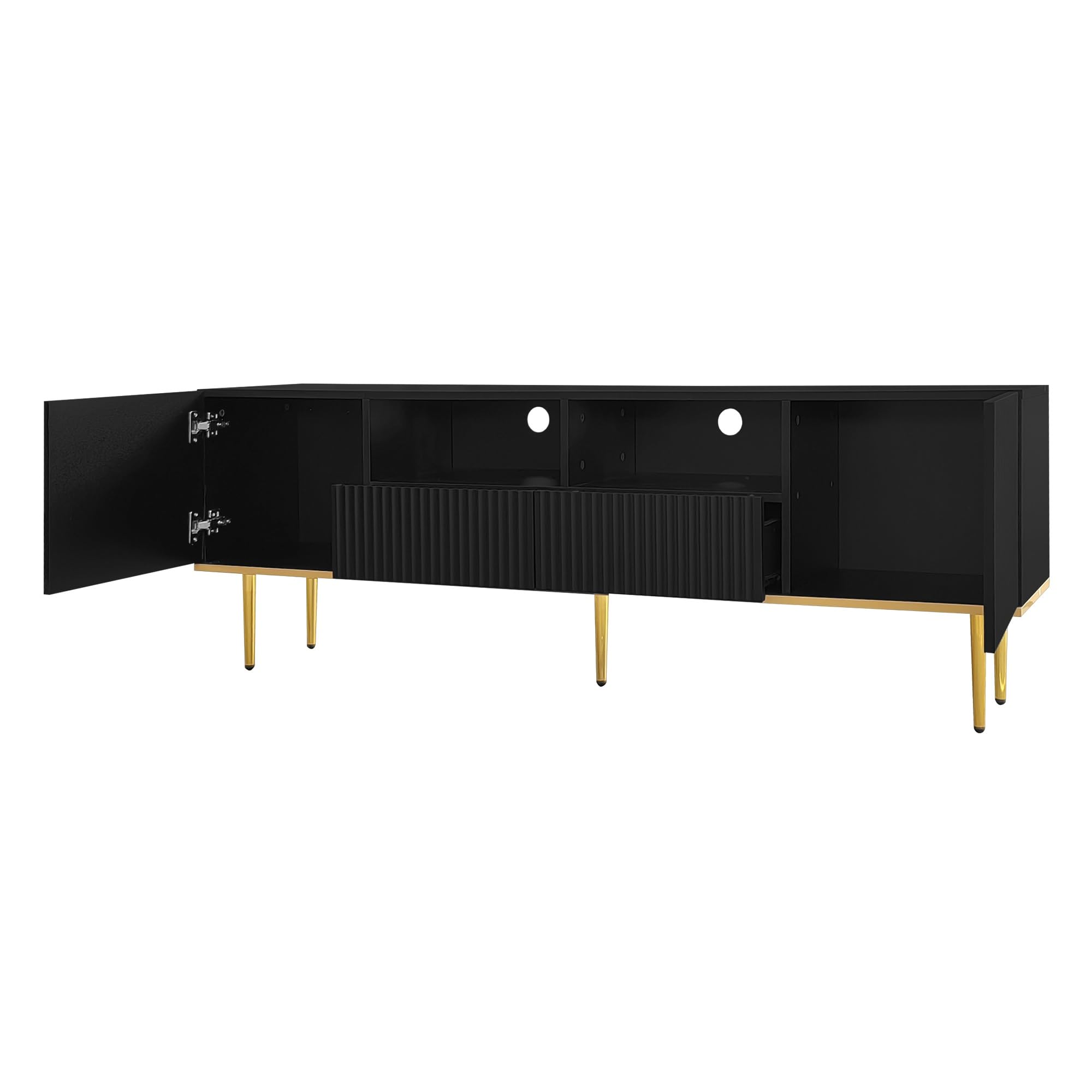 Mobile TV moderno con 2 ante 2 cassetti Ripiani aperti Mobile TV con piedini dorati e supporto TV con bordo dorato per TV fino a 70 pollici Lowboard per soggiorno nero
