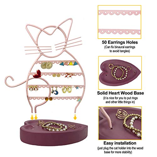 ERYTLLY Earring Holder Organizer, Cat Shaped Earring Organizer Stand With Wood Base Necklace Holder Organizer-47 Stud Earrings Holes Bracelet Holder (Pastel Pink) - Image 5