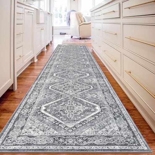 KUTA Oriental Washable Runner Rug Grey, 2x10 Non-Slip Vintage Hallway Kitchen Rugs Ultra Soft Printed Distressed Tribal Floor Carpet Runners for Bedroom Living Room Playroom