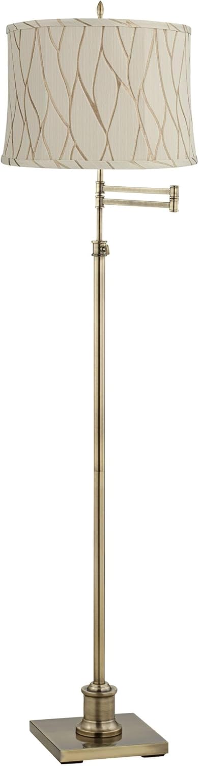 360 Lighting Westbury Swing Arm Floor Lamp Adjustable Height Standing 70" Tall Antique Brass Off White Embroidered Hourglass Fabric Drum Shade Decor for Living Room Reading House Bedroom