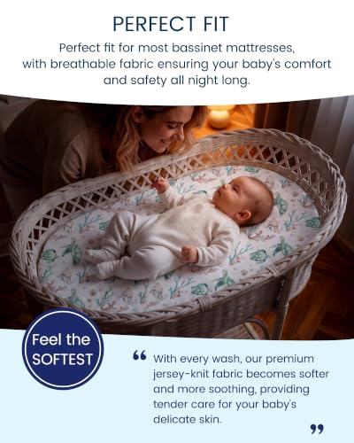 Image of TotAha Premium Soft Bassinet Sheet for Boy Girl, Super Stretchy Jersey Knit Bassinet Fitted Sheet, Compatible with Halo, Maxi COSI, Mika Micky, SNOO, and Other Bassinet, 2 Pack (Sea Animal)