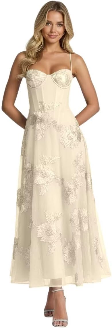 Jacquard Tulle Prom Dresses Spaghetti Straps Formal Evening Party Dress Tea Length