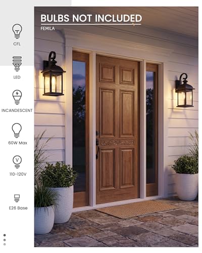 Image of FEMILA 21 inch Outdoor Wall Light Fixture, 2 Pack Modern Outdoor Wall Sconce, Rust-Proof Waterproof Wall Light with Seeded Glass, Ideal for Porch, Patio, Entryway, Garage, 4FD54B2-2PK BK