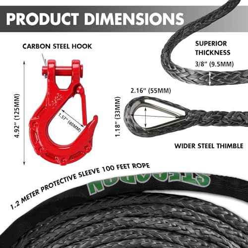 STEGODON Synthetic Winch Rope, 3/8" x100ft 23809LBS Dyneema Winch Rope 3/8 Heavy Duty Winch Cable with Protective Sleeve Forged Winch Hook for 4WD Off Road Vehicle Truck SUV (Black)