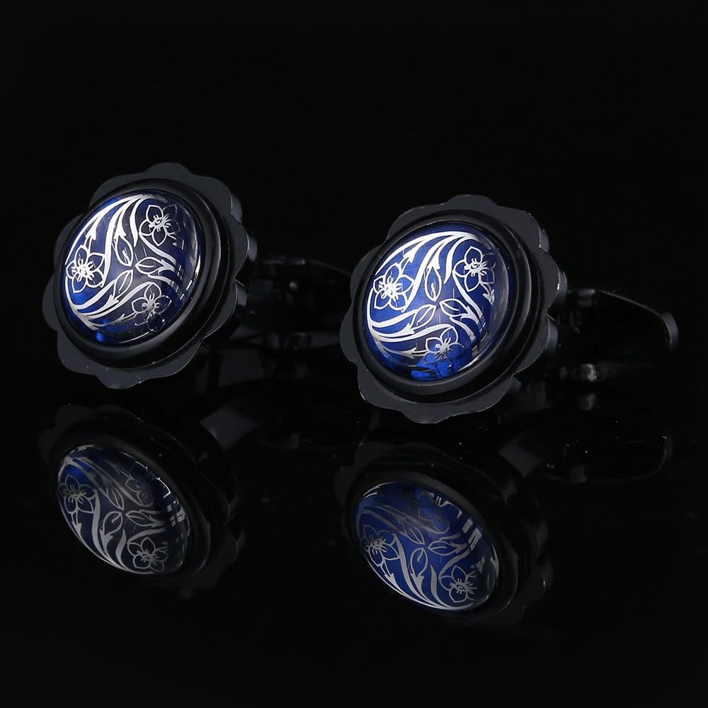 Gemelli Neri Floreali per Camicia Francese con Bottone con Motivo, Bottone Formale per Polsino (Diametro 18 * 18 mm)
